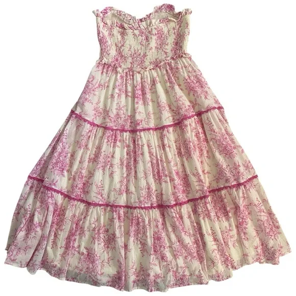 &merci Beautiful Pink and White Floral Strapless Dress Sz L - Picture 2 of 10